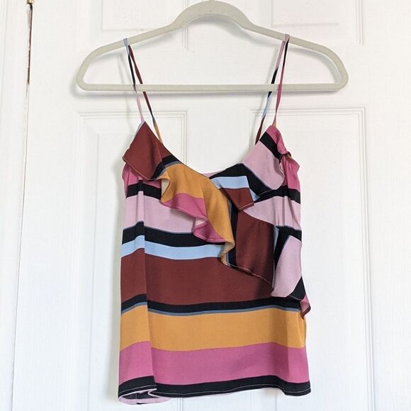 Tucker Assymetical Ruffle Tank Top Mesa Stripe in Stretch Georgette Silk Blouse - Picture 6 of 6